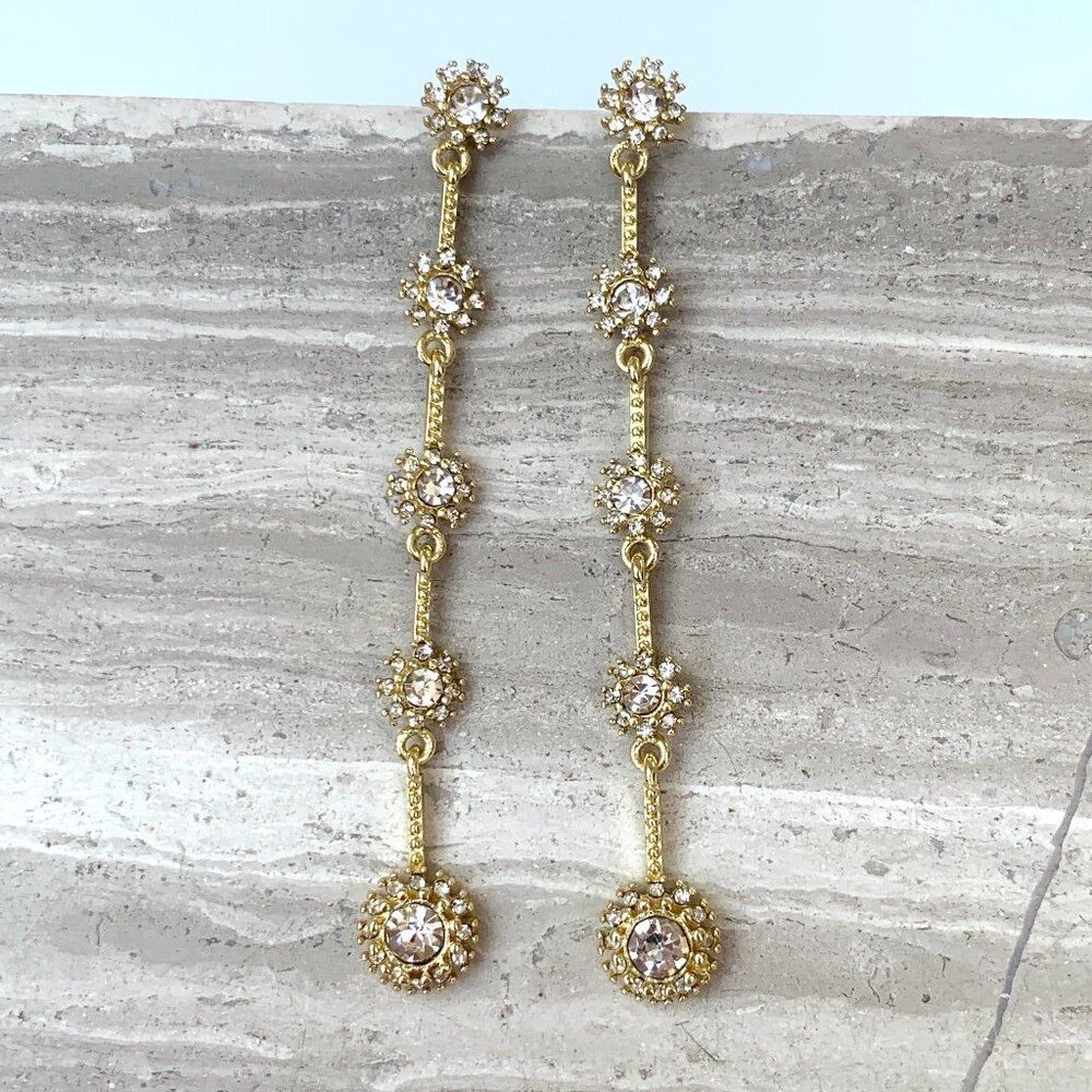 NEW~ Anthropologie Graduated Long Crystal Drop Gold Earrings - Picture 8 of 11